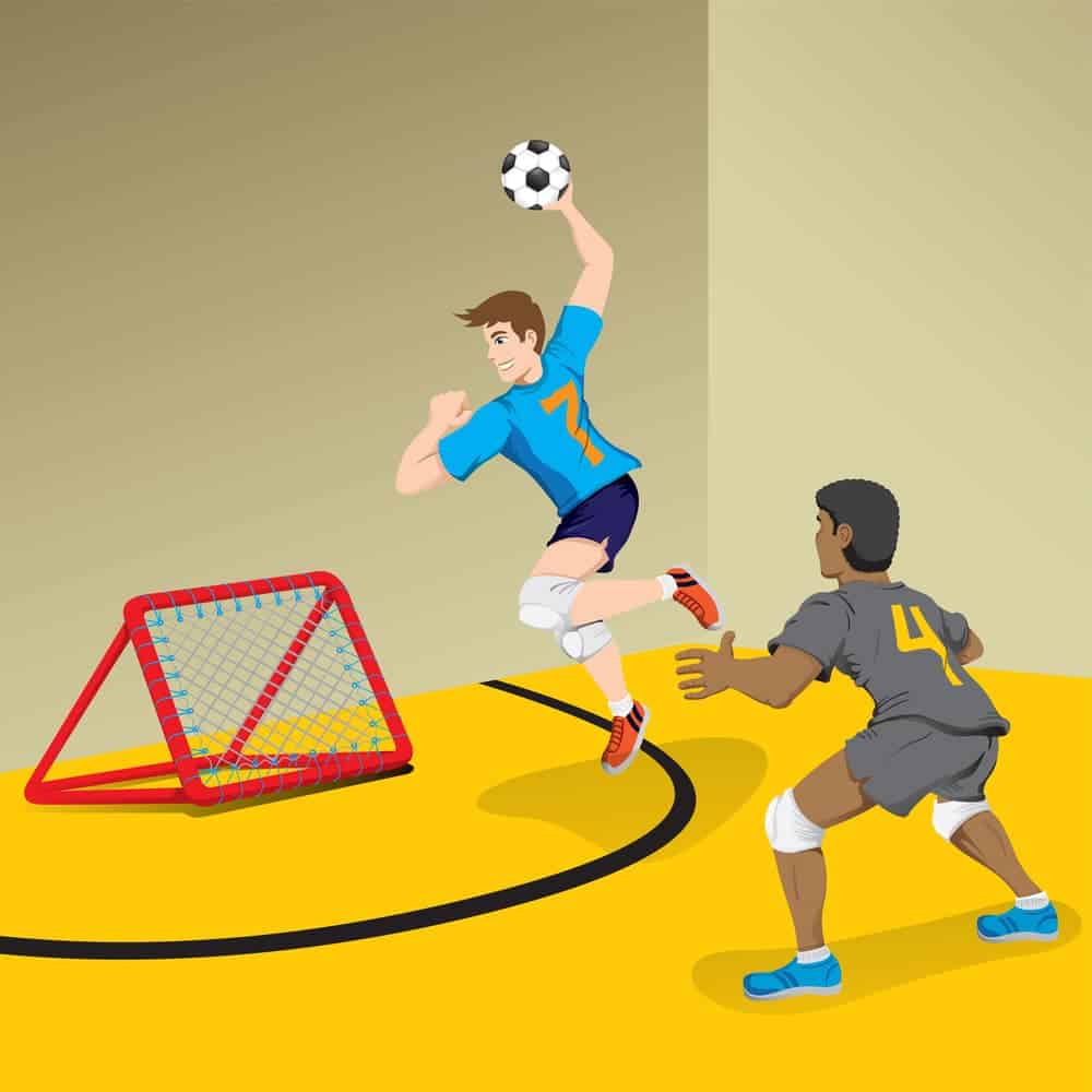 Cartoon version of two players playing tchoukball. One is jumping to throw the ball at the net