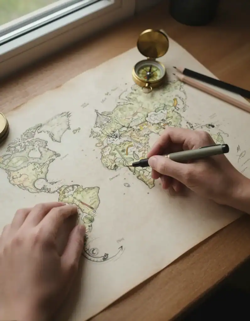 Hands drawing a hand drawn fantasy map on parchment paper with a compass and pens nearby